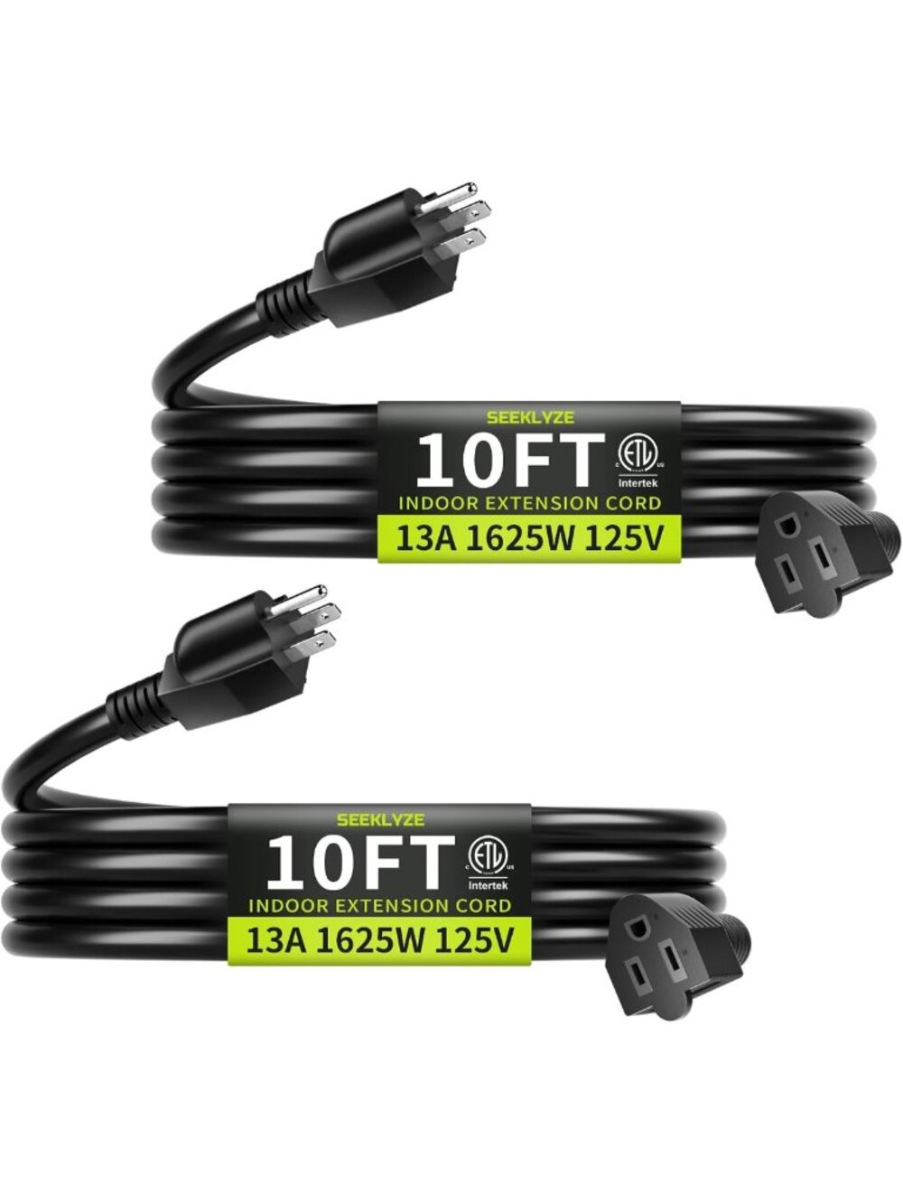 10FT Indoor Extension Cords (2-Pack) - Heavy Duty, 16/3 Black Power Cables